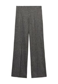 Wijde broek van een gestructureerde grijze stof, met een hoge taille en twee plooien aan de voorkant voor extra structuur.