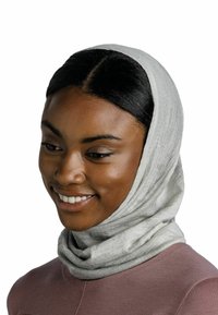 Light gray scarf made of soft fabric, draped around the head and neck, with a smooth texture and minimalistic design, featuring no visible patterns.