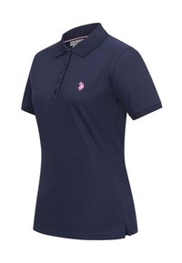 Navy blue short-sleeve polo shirt with collar, five-button placket, side slits, and pink embroidered logo on left chest.
