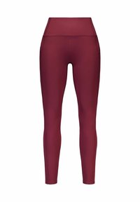 Bordeauxfarbene Leggings mit hohem Bund, aus glattem Stoff, ausgestattet mit Seitentaschen und einem figurbetonten Design für ein schlankes Erscheinungsbild.