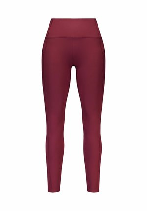 Maroon leggings with a high waistband, made of smooth fabric, featuring side pockets and a fitted design for a streamlined appearance.