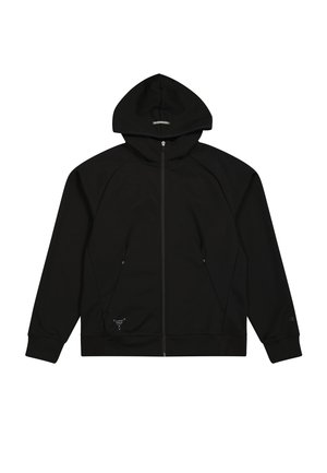 Zwarte zip-up hoodie met een capuchon, raglanmouwen, twee voorzakken en logo-accenten. Gemaakt van een soepele, rekbare stof.