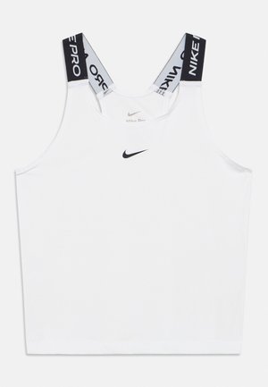 Biały sportowy tank top Nike Pro z czarnym logo Nike z przodu oraz czarno-białe elastyczne, firmowe ramiączka.