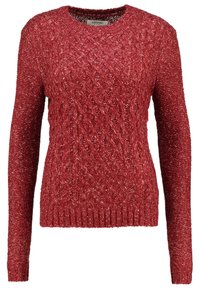 Red knitted sweater featuring a textured cable pattern, long sleeves, and a ribbed hem. Material has a slightly shiny finish.