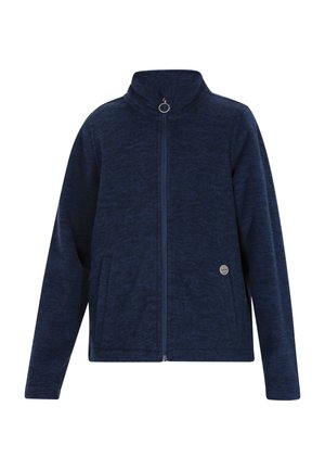 Marineblauwe fleecejas met volledige ritssluiting, hoge kraag, twee zakken aan de voorkant en een klein rond metalen logo aan de onderkant.