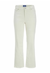 Jeans a zampa d'elefante in beige chiaro, realizzati in misto cotone, con chiusura frontale a bottone, passanti per cintura e due tasche laterali.