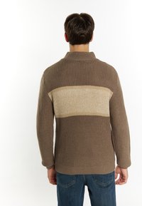 Bruine gebreide sweater met een tan streep over de rug; heeft een hoge kraag en ribbeldetails op de manchetten en onderaan, gecombineerd met blauwe jeans.