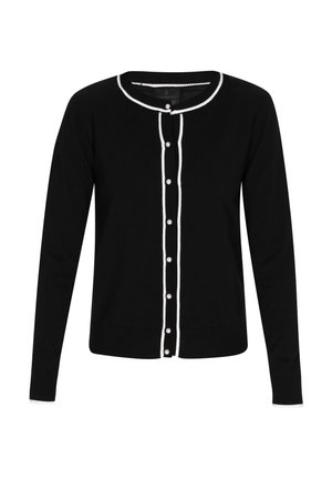 Musternööp, pika varrukaga, ümar kaelus, valge ääreäär, nupud ees, sile tekstuur, vabaaja disain.