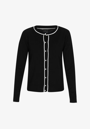 Musternööp, pika varrukaga, ümar kaelus, valge ääreäär, nupud ees, sile tekstuur, vabaaja disain.