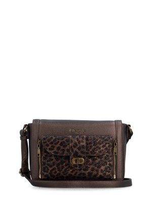 Brown leather crossbody bag with leopard print front pocket, gold-tone turn-lock clasp, and zipper details on white background.