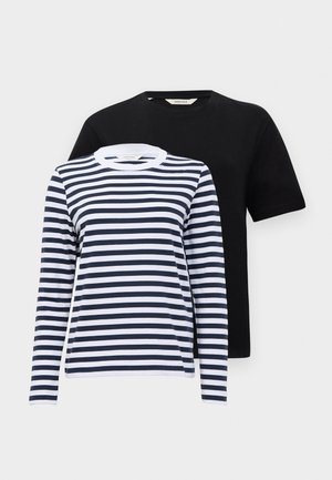 Two t-shirts: one black short-sleeve and one long-sleeve navy and white striped, with crew necks and soft cotton material.