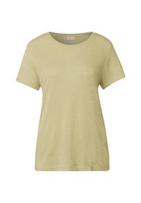 Ljusgul t-shirt med kort ärm och rund halsringning, tillverkad av ett mjukt, något glittrande material. Har en avslappnad passform och inga synliga mönster.