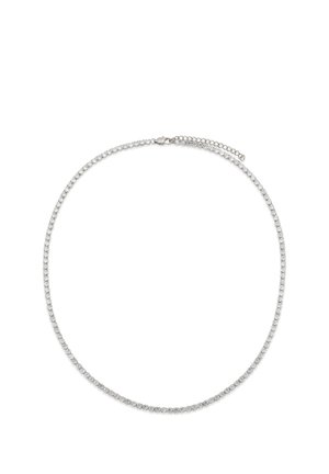 Silver tennis necklace with small round clear stones and a lobster clasp on a white background.