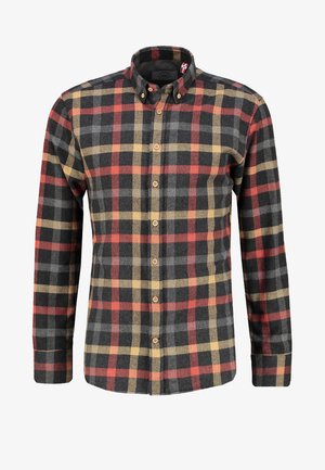 Camicia di flanella con motivo a quadri nero, grigio, giallo e rosso. Collo button-down, maniche lunghe e bottoni color beige lungo il davanti.