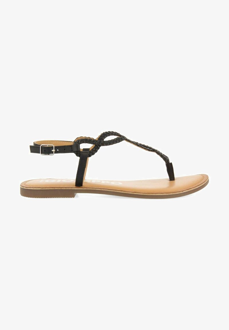 Black synthetic flat sandal with a braided toe strap and adjustable ankle buckle. Light beige insole with a textured brown outsole.