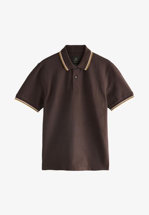 Brun pikétröja i bomull med tvåknappsfåll, kontrasterande krage och ärmkanter med gula och vita ränder.