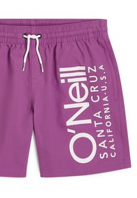 Pantaloni da bagno viola con logo O'Neill bianco. Caratterizzati da una vita elastica con cordoncino. Texture liscia, design fino al ginocchio.