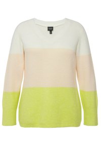 V-ringad tröja med horisontella ränder i vitt, ljust rosa och limegrönt. Mjuk textur med ribbade muddar och nederkant.