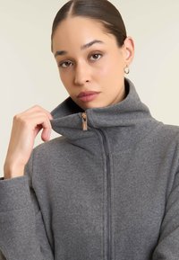 Veste grise zippée avec un col haut, fabriquée en tissu doux. Présente une fermeture éclair en métal et une silhouette ajustée, mettant en valeur des lignes épurées.