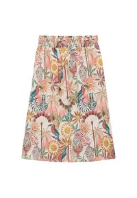 Jupe à imprimé floral avec une taille froncée, ornée d'oiseaux colorés, de motifs de soleil et de motifs abstraits sur un fond rose clair.
