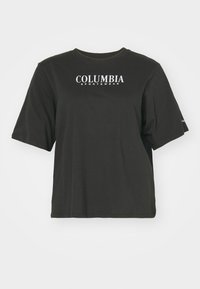 Svart kortärmad t-shirt i bomull med en vit "COLUMBIA SPORTSWEAR"-logotyp över bröstet och en lös passform.
