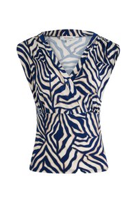Top sin mangas en azul marino y crema que presenta un escote en V, diseño envolvente y un patrón geométrico de cebra con líneas en contraste. Tejido de mezcla de algodón.