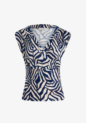 Navy en crèmekleurige mouwloze top met een V-hals, wikkelontwerp en een geometrisch zebra patroon met contrasterende lijnen. Gemaakt van een katoenmix.