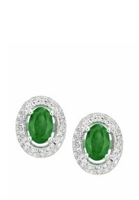 Pendientes de metal tonificado en plata con piedras preciosas verdes en forma de óvalo y superficies facetadas, rodeadas de cristales claros redondos.