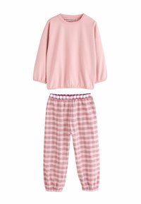 Roosa pika varrukaga spordipusa elastsete mansettidega, kokku sobitatud roosa ja valge ruuduliste pükstega, millel on elastne piht.