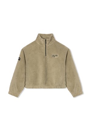 Beżowy skrócony polarowy sweter z suwakiem na ćwierć, z logo "New York Athletics Club" na klatce piersiowej oraz naszywką na lewym rękawie.