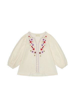 Cremefarbene Langarmbluse mit lila Besatz und bestickten rosa, roten und lilafarbenen Blumen entlang des V-Ausschnitts und der Brust.