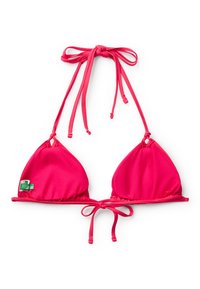 Top bikini fucsia con coppe triangolari, spalline regolabili e bordi arricciati. Include un piccolo'etichetta verde su un lato.