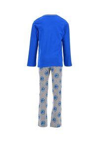 Blue long-sleeve shirt with a gray neckline, paired with gray pajama pants featuring blue circular dinosaur logos. Soft, casual fabric.