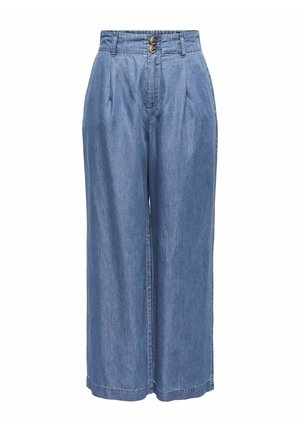 Gai zilo denim platākāja bikses ar augstu jostasvietu, diviem priekšējiem pūšņiem, divu pogu aizdari un taisnu piegriezumu.