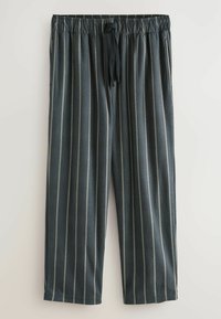 Dunkelgraue gestreifte Hose mit einem elastischen Bund, verstellbarem Kordelzug und einem entspannten, weit geschnittenen Design.