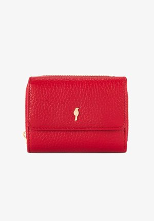 Czerwona skórzana portmonetka z fakturowanym wykończeniem, z przednim zapięciem na klapkę i złotym emblematem ptaka. Kompaktowy design z suwakiem wokół krawędzi.