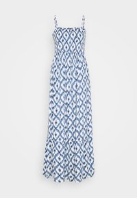Maxi sukienka z lekkiego materiału, w niebiesko-białym wzorze w romby, z regulowanymi ramiączkami i falbaną na dole.