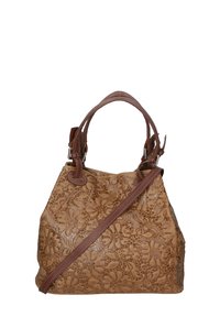 Borsa a tracolla in pelle beige con embossing floreale, dotata di manici corti e regolabili, e una superficie testurizzata.