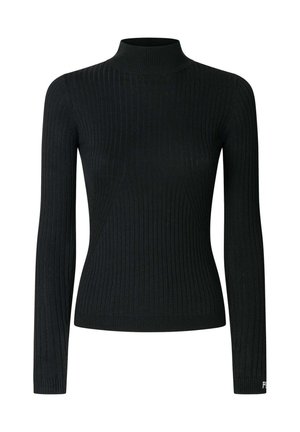 Maglione nero a collo alto a coste con maniche lunghe, realizzato in un materiale morbido. Presenta una vestibilità aderente e un discreto dettaglio del logo all'orlo.