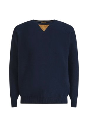Maglione blu navy a maniche lunghe con scollo rotondo, polsini e orlo a coste, caratterizzato da una piccola toppa triangolare color cuoio sotto il colletto.