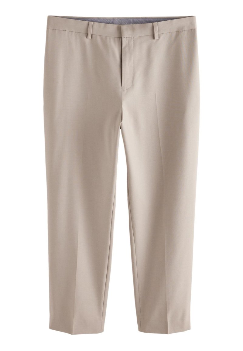 Beżowe, dopasowane spodnie wykonane z gładkiej tkaniny. Posiadają płaskie przody, szlufki na pasek i klasyczny krój z prostymi nogawkami.