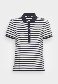 Polo w paski wykonany z bawełny, z poziomymi paskami w kolorach granatowym i białym, granatowym kołnierzykiem, zapięciem na trzy guziki oraz małym detalem z logo.