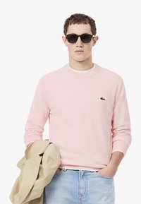 Svetlo roza pulover z rebrastimi manšeti in ovratnikom, ki ima majhen zeleni logotip. Model drži bež jakno in nosi temne sončne očala.