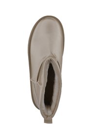Beige enkellaarzen van satijnen materiaal, met een zachte voering aan de binnenkant, elastische zijpaneel en een gestructureerde rubberen zool.