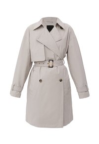 Trench-coat beige clair longueur genou avec larges revers, taille ceinturée, boutons croisés et brides de poignets réglables.