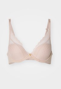 Beiger Spitzen-BH mit einem gemusterten Mesh-Design, gepolsterten Cups, verstellbaren Trägern und einem kleinen goldenen Akzent in der Mitte.