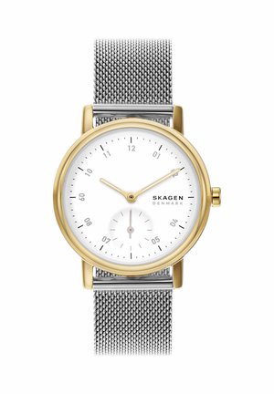 Round gold watch with white dial, gold hands, small seconds subdial, and silver mesh strap, brand Skagen Denmark on face.