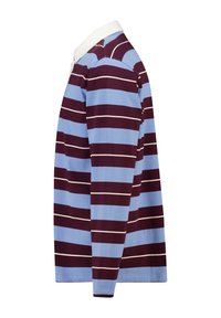 Langärmeliges Rugbyhemd mit violetten und hellblauen horizontalen Streifen und einem weißen Kragen, seitlich gezeigt.