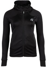 Zwarte zip-up hoodie met een hoge hals en een aansluitende pasvorm. Heeft een klein grijs grafisch logo op de borst en reflecterende zijaccenten.