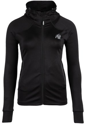 Zwarte zip-up hoodie met een hoge hals en een aansluitende pasvorm. Heeft een klein grijs grafisch logo op de borst en reflecterende zijaccenten.